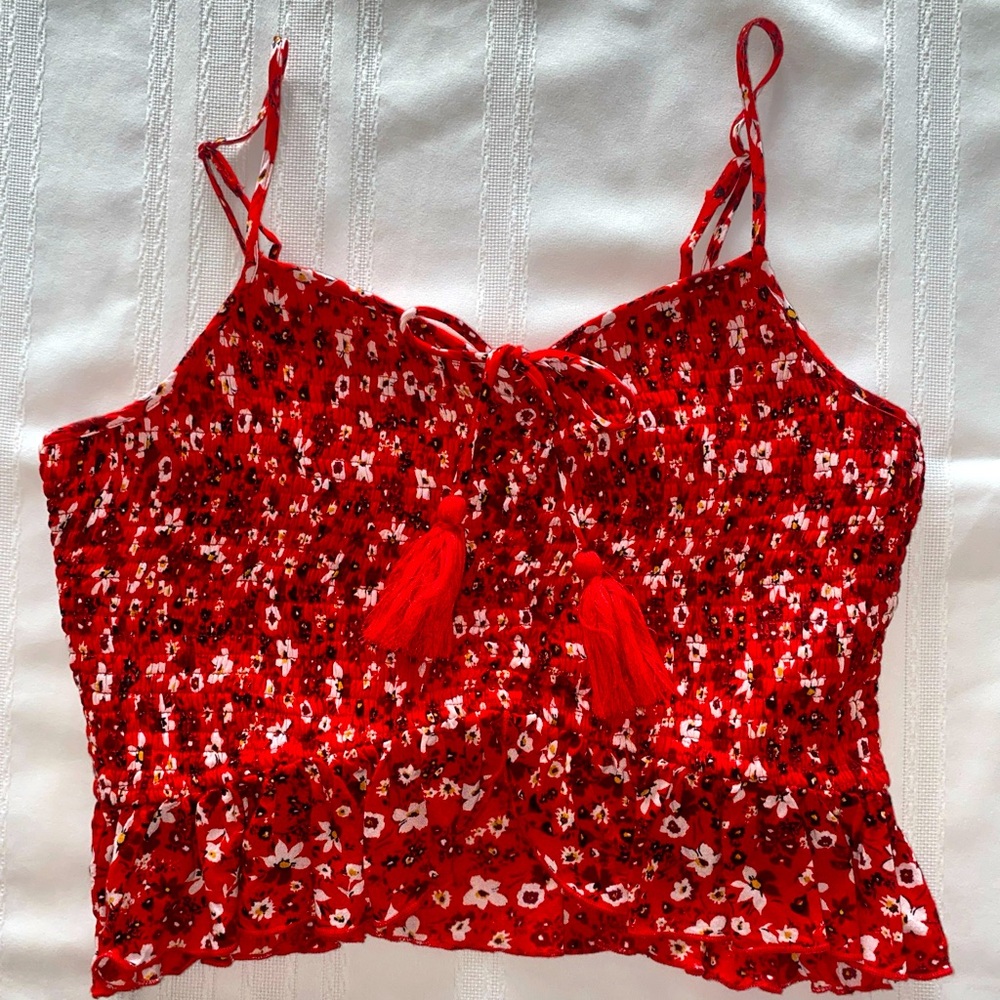 BOG Collective Cropped Red Floral Cinch Smocked Ruffle Tank Top Women’s Large